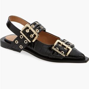 EUC Ganni Slingback Pointed Toe Flat in Patent Black Crocodile size EU37/US7